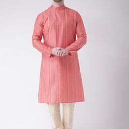 DEYANN Men Pink & Beige Woven Design Straight Kurta-image-35