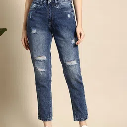 Mast & Harbour Women Mom Fit Pure Cotton Distressed Light Fade Jeans-picture-43