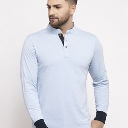 Kalt Men Blue Solid Mandarin Collar T-shirt-image-112