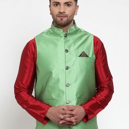 Jompers Men Green Woven Design Regular Fit Nehru Jacket-picture-1