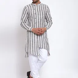 KLOTTHE Men White & Grey Striped Straight Kurta & Pyjamas-image-33