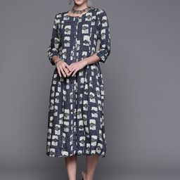 Biba Women Navy Blue & White Ethnic Motifs Printed A-Line Midi Dress-image-46