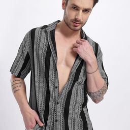glitchez Vertically Striped Drop-Sleeves Relaxed Fit Shirt with Side Slits-image-14
