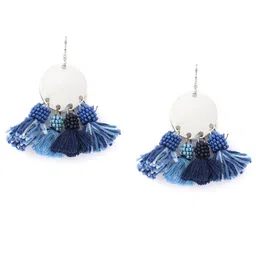 RICHEERA Blue Silver-Plated Tasselled Beaded Circular Drop Earrings-3