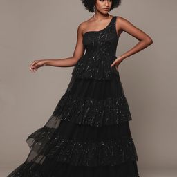 bebe Party Embellished One Shoulder Ruffled Tiered A-Line Maxi Dress-picture-16