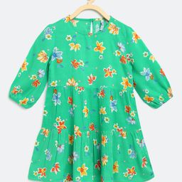 Campana Girls Green & Orange Printed A-Line Dress-image-5
