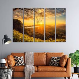 999Store Set Of 5 Yellow & Brown Mountain View With Tree Printed Wall Paintings-5