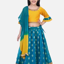 BownBee Girls Green & Yellow Embellished Ready to Wear Lehenga & Blouse with Dupatta-image-24