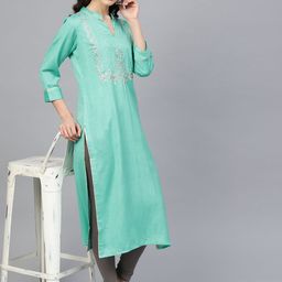 Geroo Jaipur Sea Green Hand Embroidered Straight Rayon Kurta-picture-23