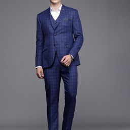 Theme Men Navy Blue Checked Single-Breasted Slim Fit Notched Collar Formal Suit-image-36