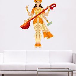 rawpockets Orange & Beige Goddess "Saraswati Maa" PVC Vinyl Wall Sticker-image-90