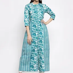 Indibelle Women Turquoise Blue & White Printed Kurta with Trousers-6