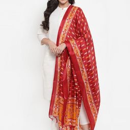 Jompers Women Off-White & Red Woven Design Kurta with Trousers & Dupatta-picture-3