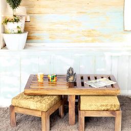 Ikiriya Brown Wooden in Teak Finish Square Coffee Table With Stool and Cushions-9