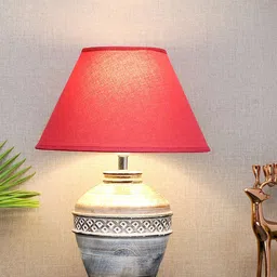 THE LIGHT STORE Grey Solid Bedside Standard Table Lamp With Red Shade-24