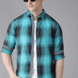 BEAT LONDON by PEPE JEANS Men Blue & Black Pure Cotton Slim Fit Checked Casual Shirt-image-78
