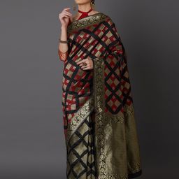 Mitera Black & Red Silk Blend Woven Design Kanjeevaram Saree-image-86
