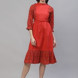 Athena Women Red & Black Printed Fit and Flare Dress-image-96