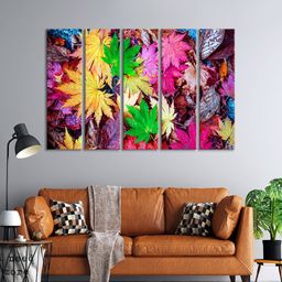 999Store Set Of 5 Pink & Green Colourfull Leaves Foliage Wall Art Frames-1