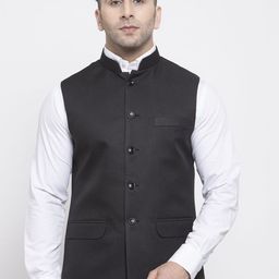 Wintage Men Black Woven Design Nehru Jacket-11