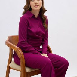Styli Women Assymentric Hemline Tie Up Textured Shirt With Trouser-picture-22