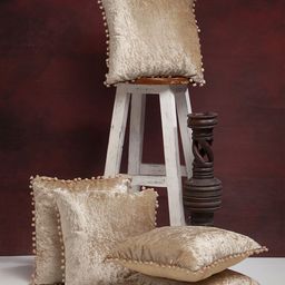 HOSTA HOMES Gold-Toned Set of 5 Solid Square Velvet Cushion Covers With Pom Pom-8