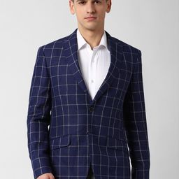 Peter England Elite Men Navy Blue Checked Slim-Fit Single-Breasted Linen Formal Blazer-picture-33