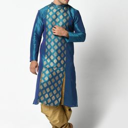 DEYANN Men Blue & Gold-Toned Geometric Printed Kurta-image-54