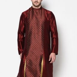 DEYANN Men Maroon Dupion Silk Printed Kurta-28