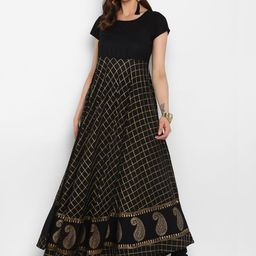 MBE Women Black & Gold-Toned Checked A-Line Kurta-5