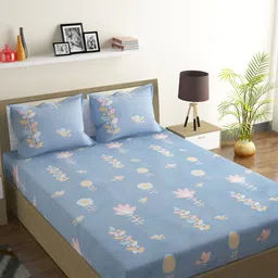 ROMEE Blue & Pink Floral 144 TC Microfiber 1 Queen Bedsheet with 2 Pillow Covers-image-75