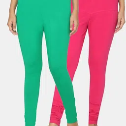 TSG Bliss Women Pack Of 2 Green & Fuchsia Solid Churidar-Length Leggings-image-36