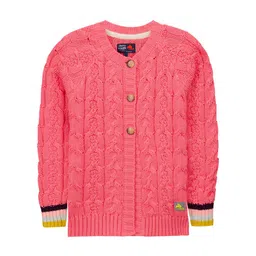 Cherry Crumble Girls Coral Pink Solid Front-Open Sweater-image-24