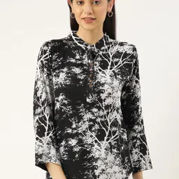 RACHNA Black & White Floral Print Mandarin Collar Top-image-3