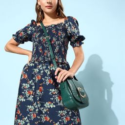 RARE Teal Blue Floral Print A-Line Dress-image-3