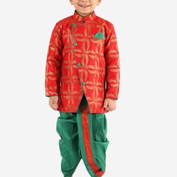 KID1 Boys Red Printed Kurti with Dhoti Sherwani Set-picture-5