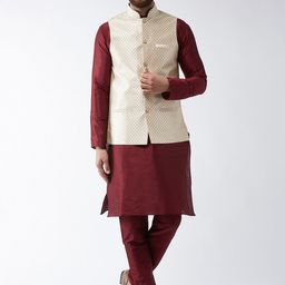 SOJANYA Men Maroon Solid Kurta And Churidar With Nehru Jacket-3