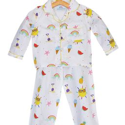 Knitting Doodles Unisex Kids White & Yellow Printed Night suit-image-96