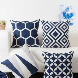 MODERN HOMES Blue & White Set of 4 Geometric Supima Cotton Square Cushion Covers-5