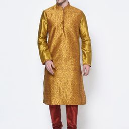 DEYANN Men Mustard Yellow & Brown Printed Mandarin Collar Kurta-11