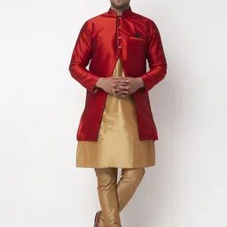 Benstoke Men Gold-coloured & Red Self-Design Sherwani Set-picture-1