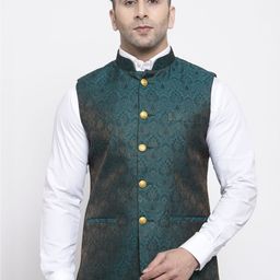 Wintage Men Green Woven-Design Satin Nehru Jacket-10