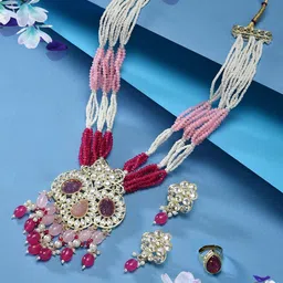Zaveri Pearls Gold-Plated Kundan-Studded And Beaded Necklace & Earrings With Ring Set-4