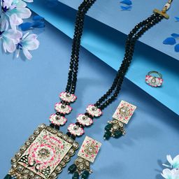 Zaveri Pearls Gold-Plated Peacock Lotus Meenakari Necklace & Earring With Ring Set-34