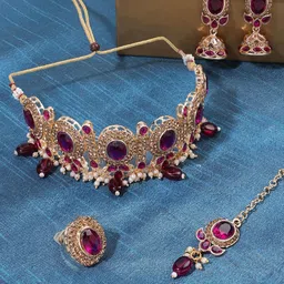 Zaveri Pearls Gold-Plated Stone-Studded & Jewellery Set With Maangtika & Ring-29