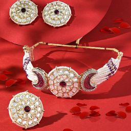 Zaveri Pearls Gold-Plated Stone-Studded & Beaded Multistrand Jewellery Set-14