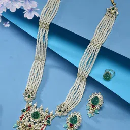 Zaveri Pearls Gold-Plated Kundan-Studded & Beaded Necklace & Earrings With Finger Ring-54