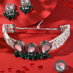 Zaveri Pearls Silver-Plated Stone-Studded & Beaded Multistrand Jewellery Set-30