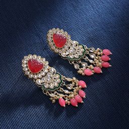 Zaveri Pearls Gold-plated Stones & Beads Minimal Green Meenakari Kundan Studded Earrings-10