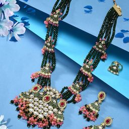 Zaveri Pearls Gold-Plated Green Pink Peacock Meenakari Necklace & Earring With Ring Set-image-24